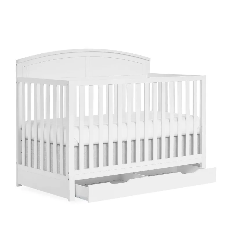 5 in 1 Convertible Crib with Storage Drawer in White, JPMA & Greenguard Gold Certified, Made of Sustainable