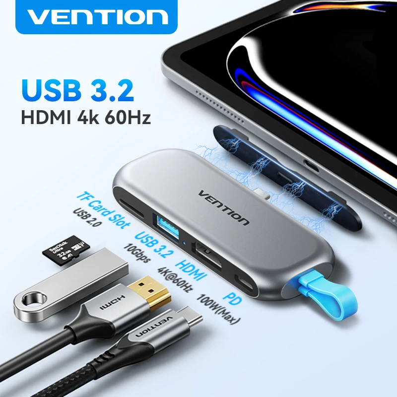 

Vention 4 in 1 Portable USB 3.2 Gen2 4K@60Hz HDMI HUB PD 100W Charging Adapter Docking Station for iPad Tablet MacBook Laptop