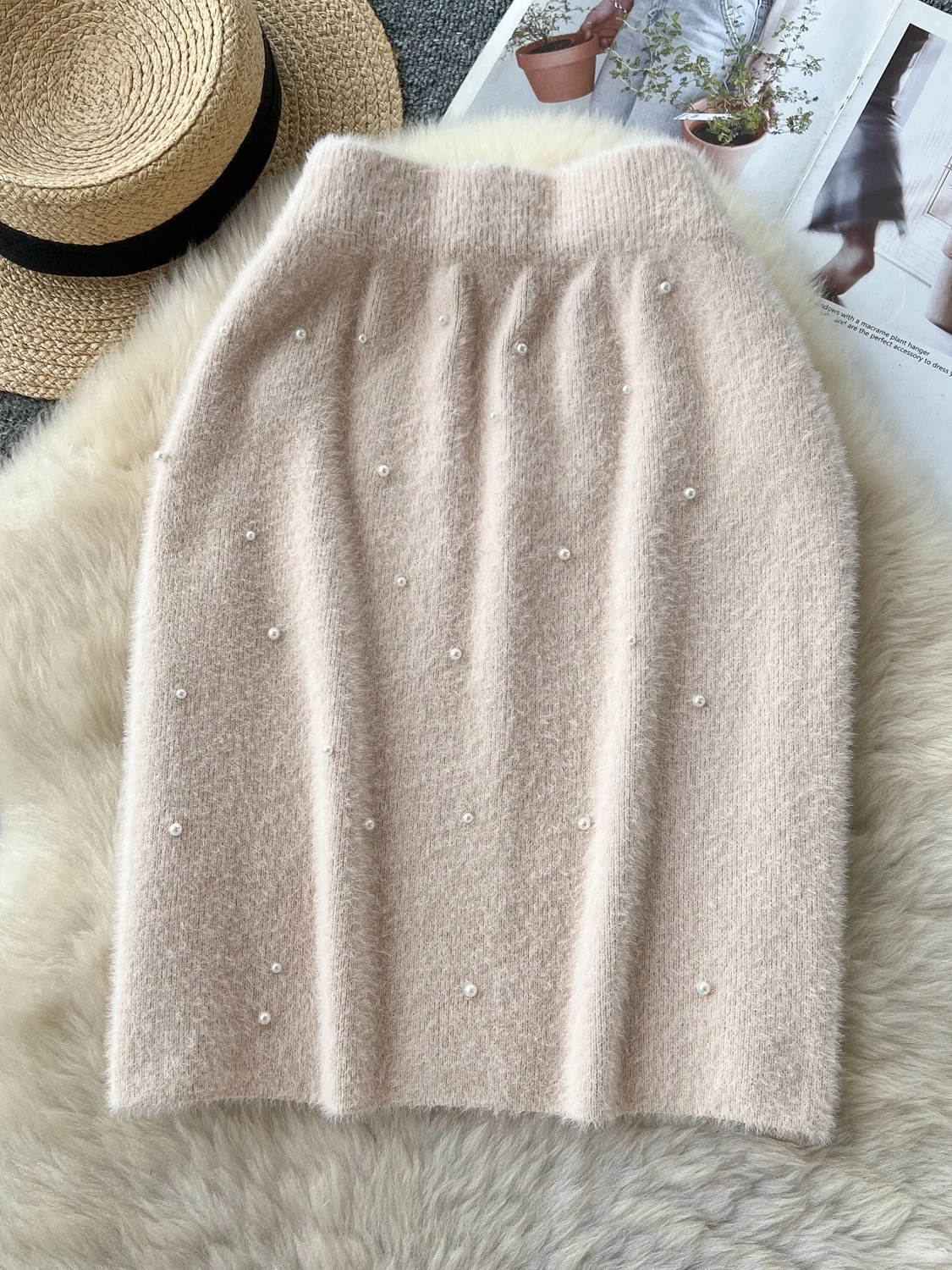 Sweet Soft Bead Mink Velvet High Waist A-Line  Skirt Women's Style Korean Commute Non-Shrinkage No  Standard Fit