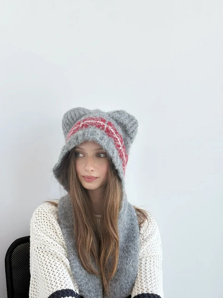 مجموعة قبعات وشاح متماسكة على شكل دب لطيف للنساء - قبعة شتوية دافئة وأنيقة مع صوف 35%، رمادي - الكل في واحد لتدفئة الرقبة وها #5