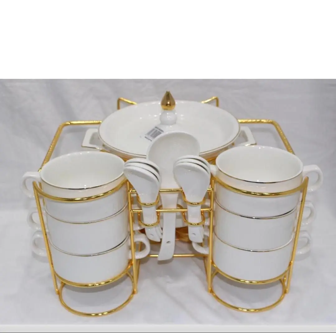 Nordic luxury small soup pot gold shelf set bow export embossed gold ceramic daily soup pot.