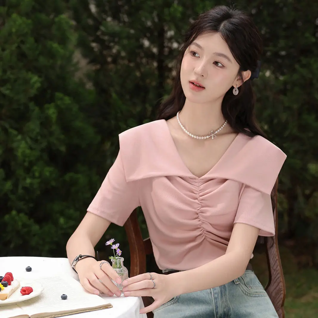 

Korea Doll Collar Short-sleeved T-shirt for Female Summer Chic Style All-match Slim Thin Casual Top Women