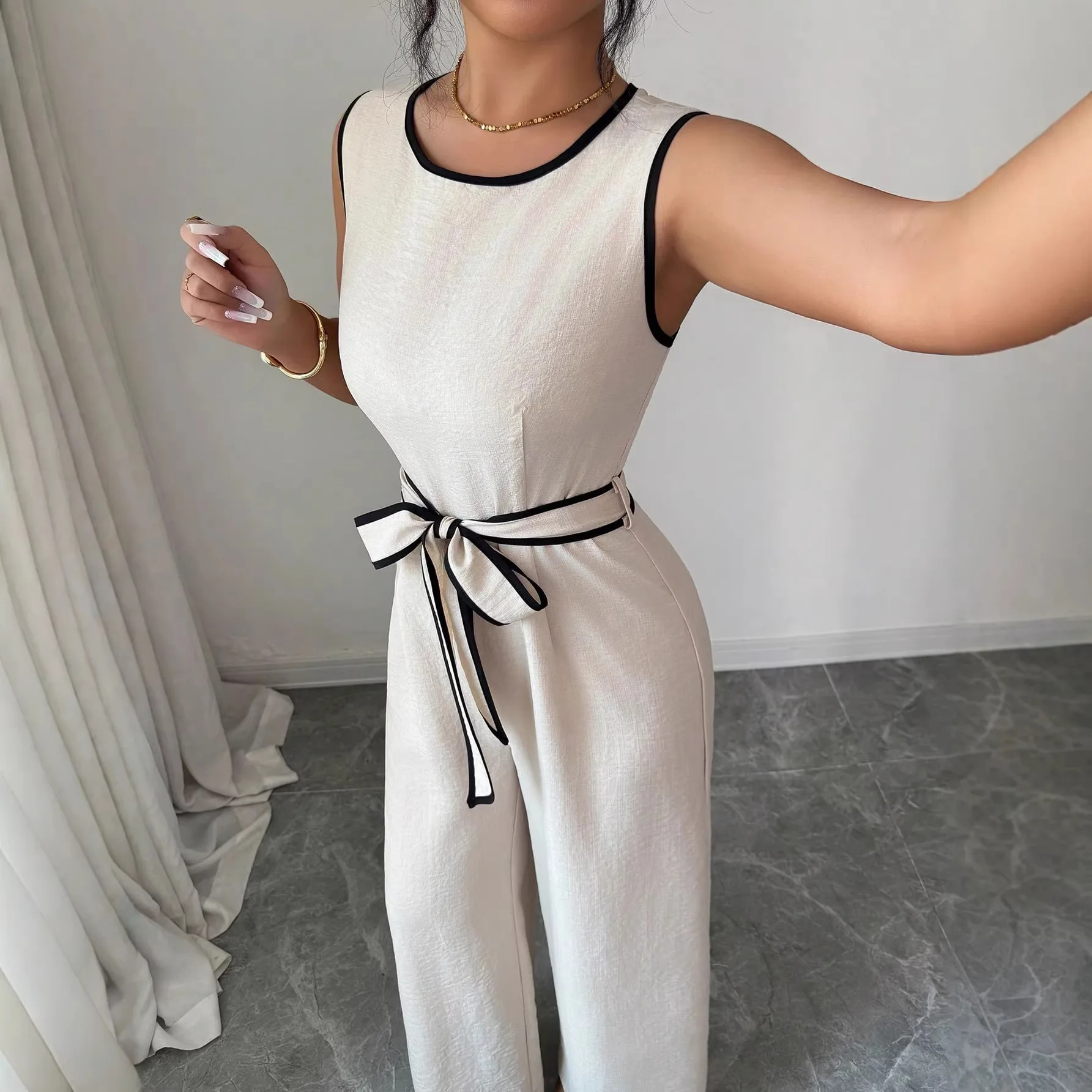 2026 New Spring Rafferiza Casual Vacation Round Neck Color-block Sleeveless Women's Jumpsuit Clothing Y2k、 Beach