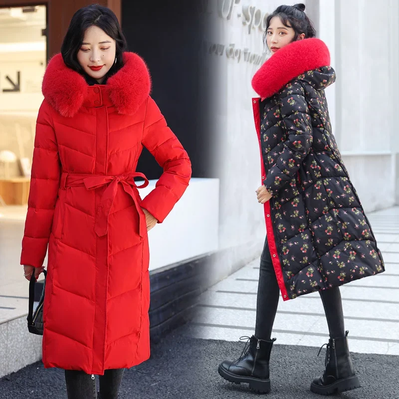 

Long Puffer Jacket Over The Knee Long Large Fur Collar Cotton Coat Women Winter Parkas Two Sides Wear Slim Belt High Quality New