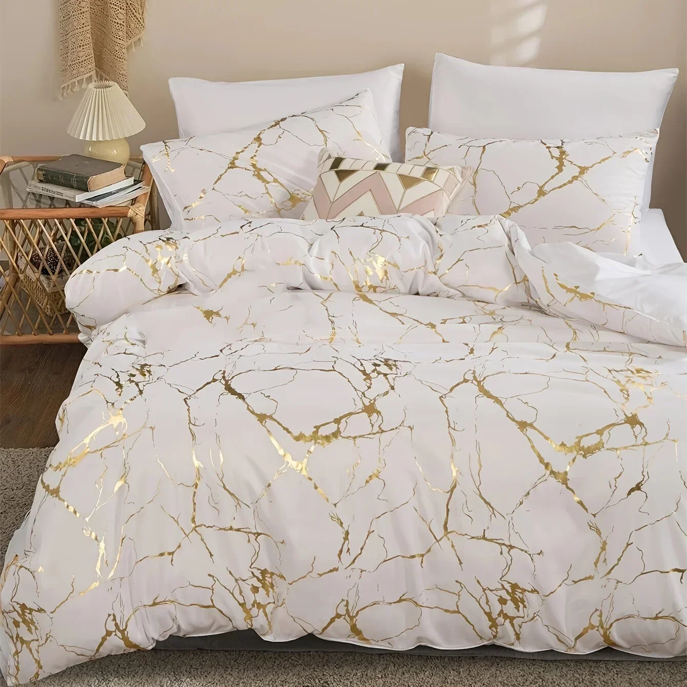 

Queen Bedding Duvet Cover Set White Marble Printed 3 Piece Luxury Microfiber Down Comforter Quilt Cover with Zipper Closure