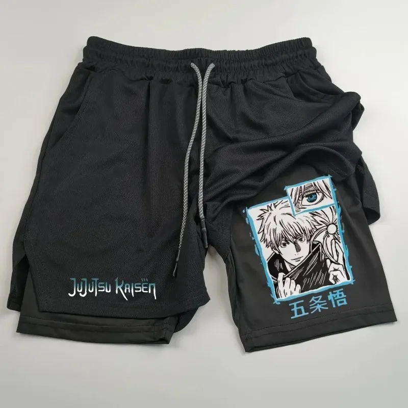 Anime Jujutsu Kaisen 2-in-1 Compression Shorts for Men Athletic Quick Dry Performance Shorts with Pockets Gym Workout Fitness