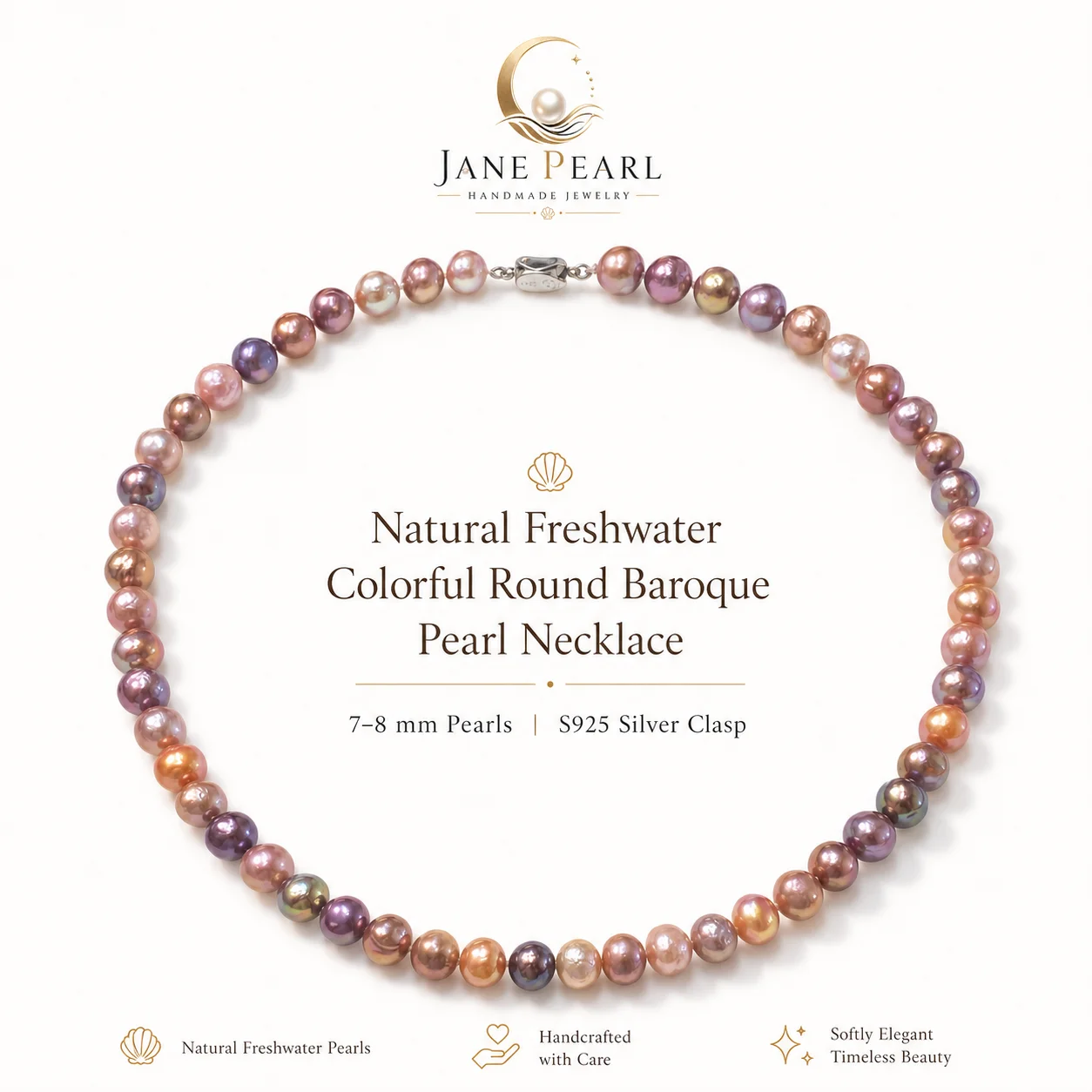 Mareora Natural Freshwater Colorful Round Baroque Pearl Necklace 7-8mm Handmade Irregular Pearl Choker S925 Silver Clasp Jewelry