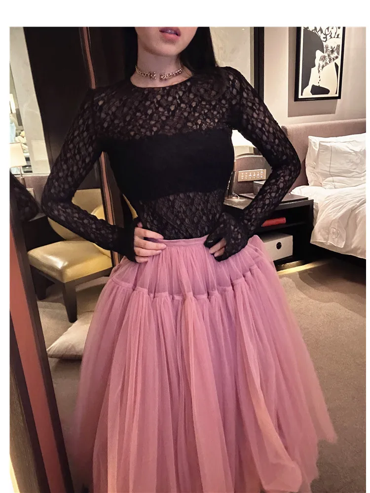 

Madman M Bla Lace Long Sve Women's Slim Fit round Ne Pullover Base irt Faionable Versatile Base Layer Top