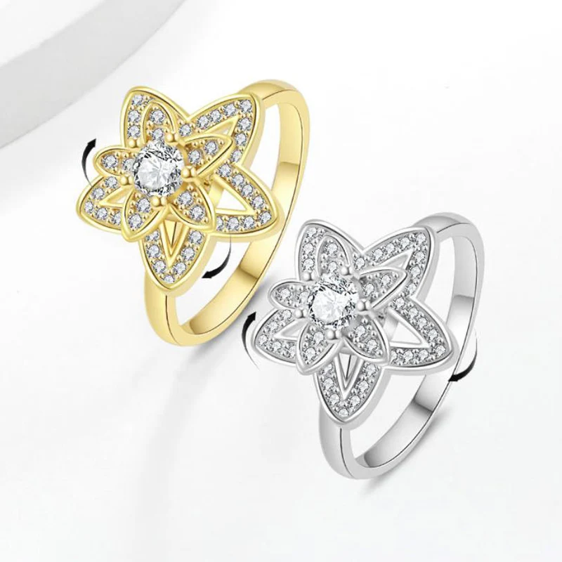 Fashion Double Layer Rotating Pentagram Flower Zircon Ring Multi-layer Petal Rings For Women Open Size Finger Jewelry KOFSAC
