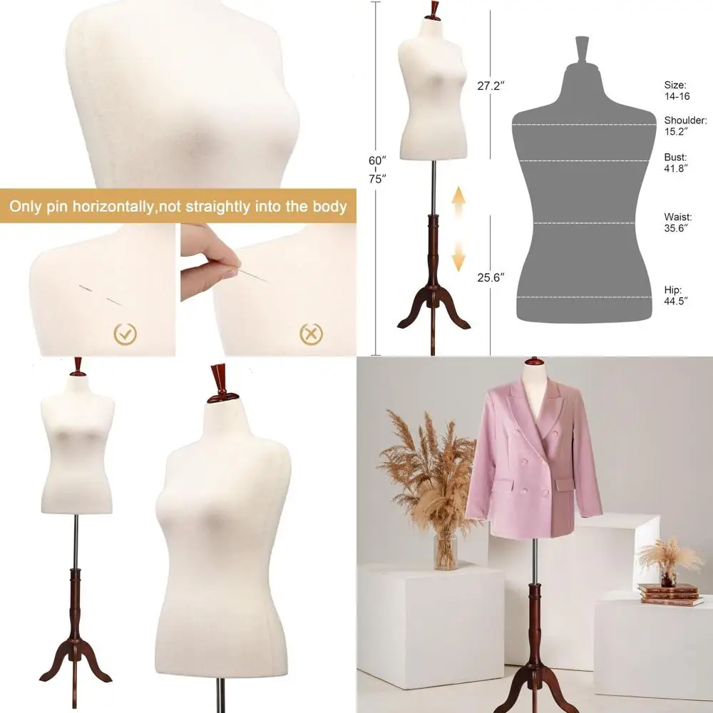 

Beige Adjustable Mannequin with Wooden Stand for Dress Form, Sizes 14-16