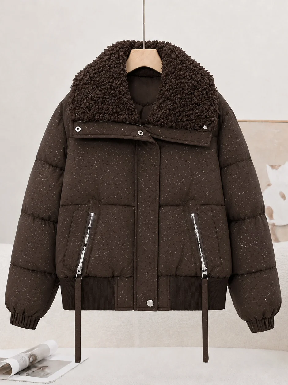 Winter New Retro Lapel Lamb Fur down Cotton Jacket plus Size Short Thick Warm Small Figure Cotton Coat Outerwear