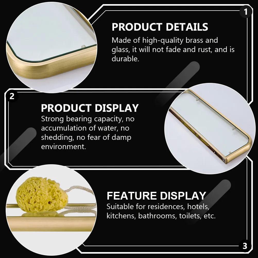 1Pcs Single Layer Glass Shelf with Brass Chrome Plated Frame Light Brown Wall Hanging Storage Rack for Bathroom Toilet Kitchen