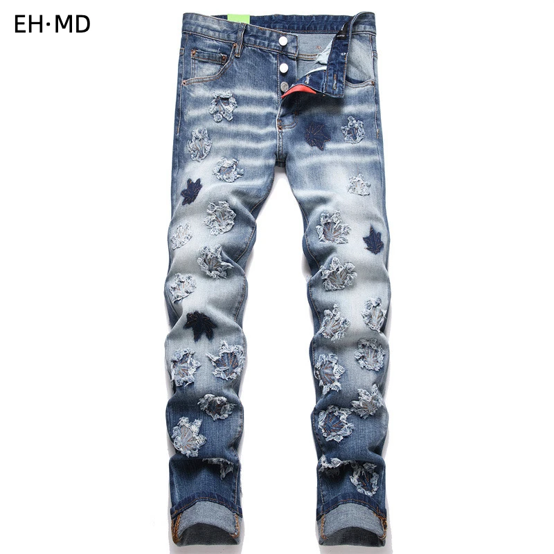 

Hand Embroidered Jeans Men Diamond Inlay Pattern Personality Cotton High Elastic Slim Trousers 3D High Street Wash Hole Flowers2