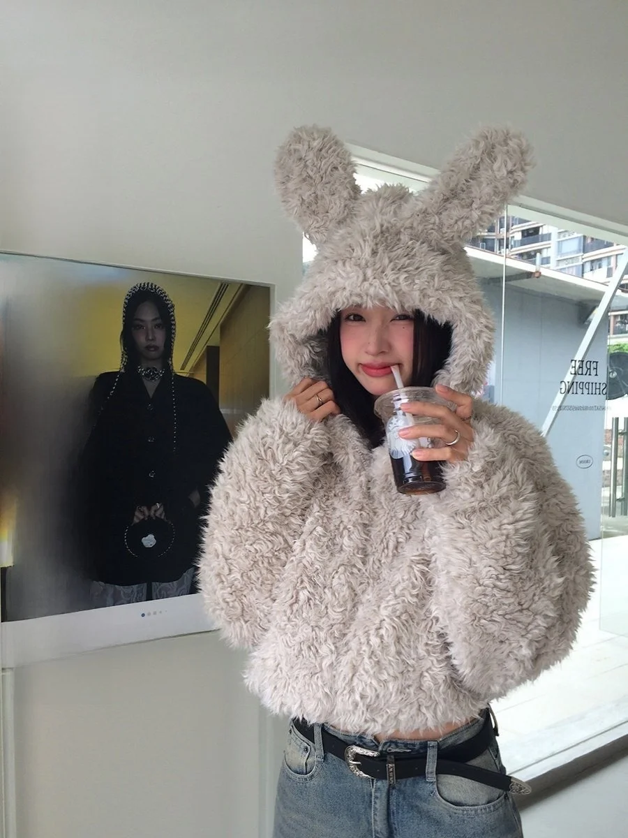 

Женское зимнее свободное пальто из искусственного меха с милыми кроличьими ушками и застежкой-молнией Long Sve Pure Color