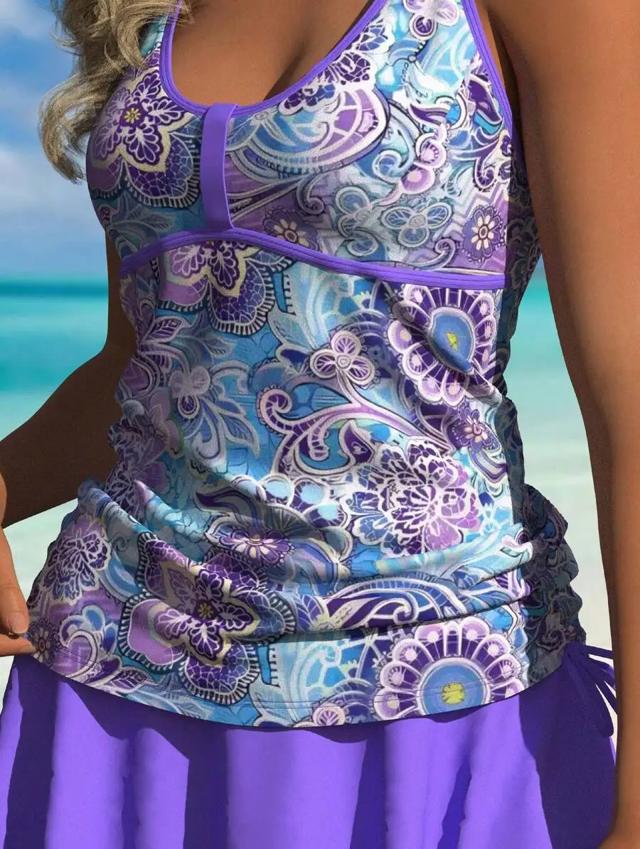 

Womens Floral Print Two-Piece Tankini With Adjustable Straps And Flowy Skirted Bottom