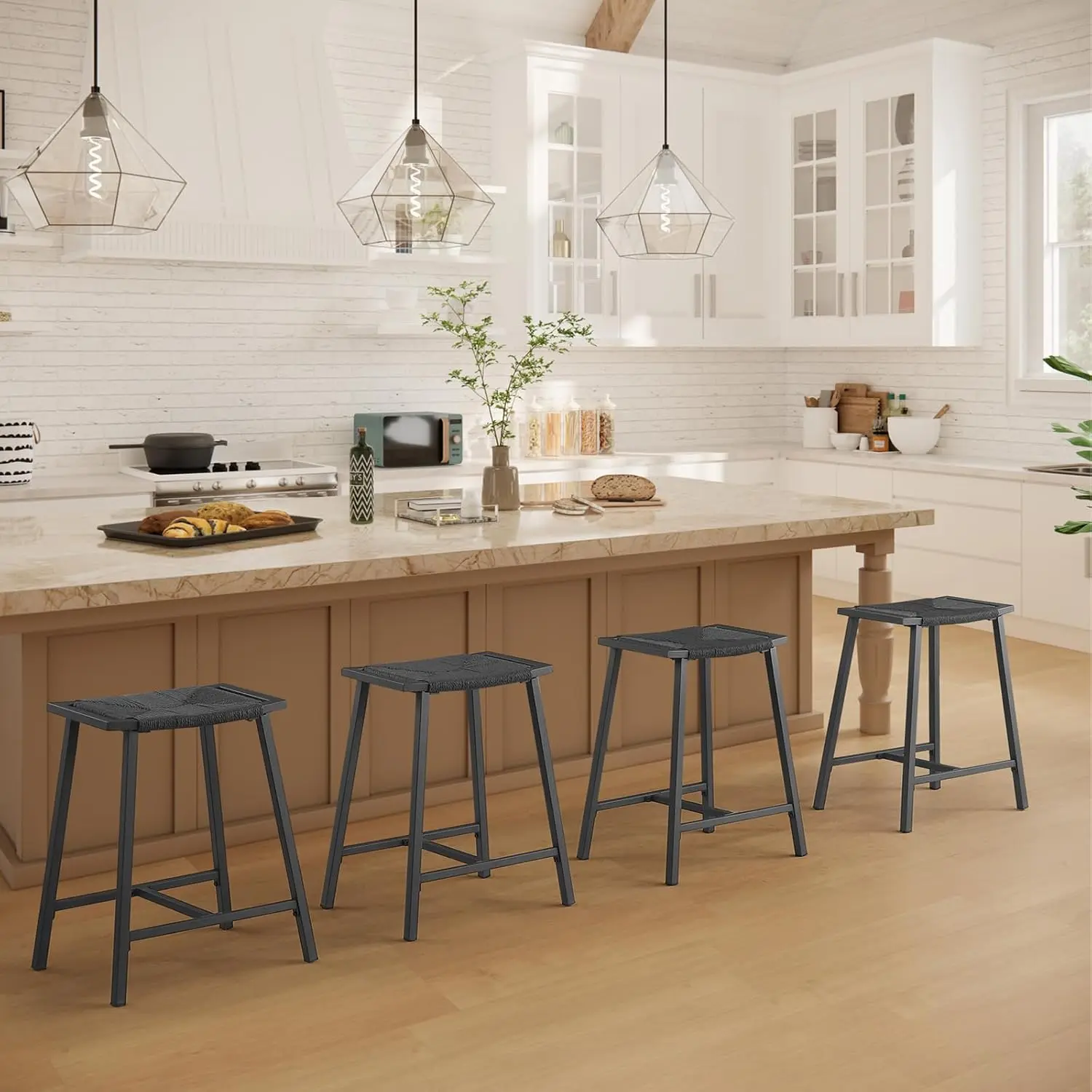 Bar stools, Counter Height Stools, Backless Bar Stool for Kitchen Island, Black Rope Wicker Pattern Weave Seat,Stools