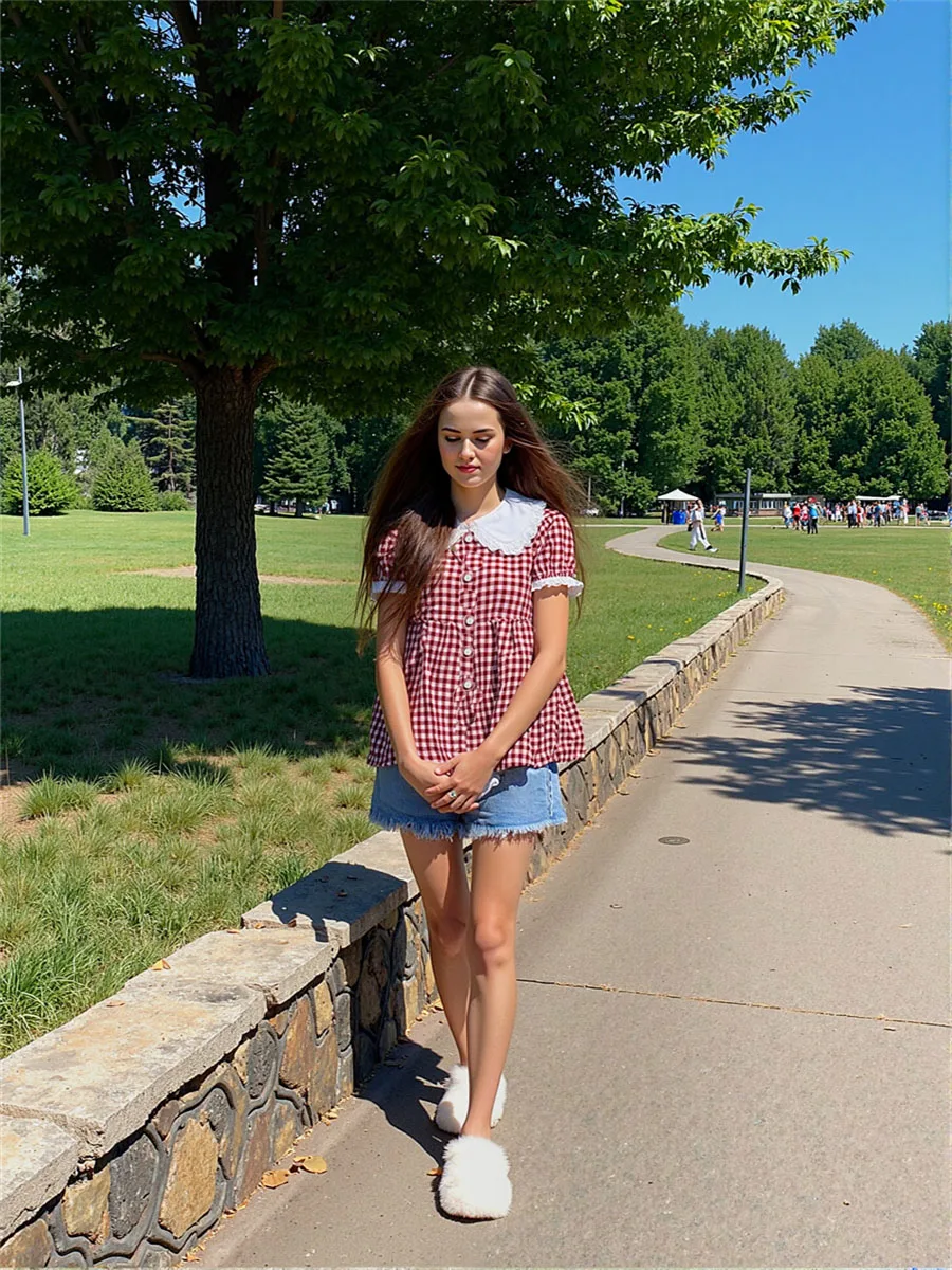 

Рубашки с короткими рукавами, женская красная клетчатая блузка с воротником Питера Пэна и рюшами, милая консервативная блузка JK College Feminina