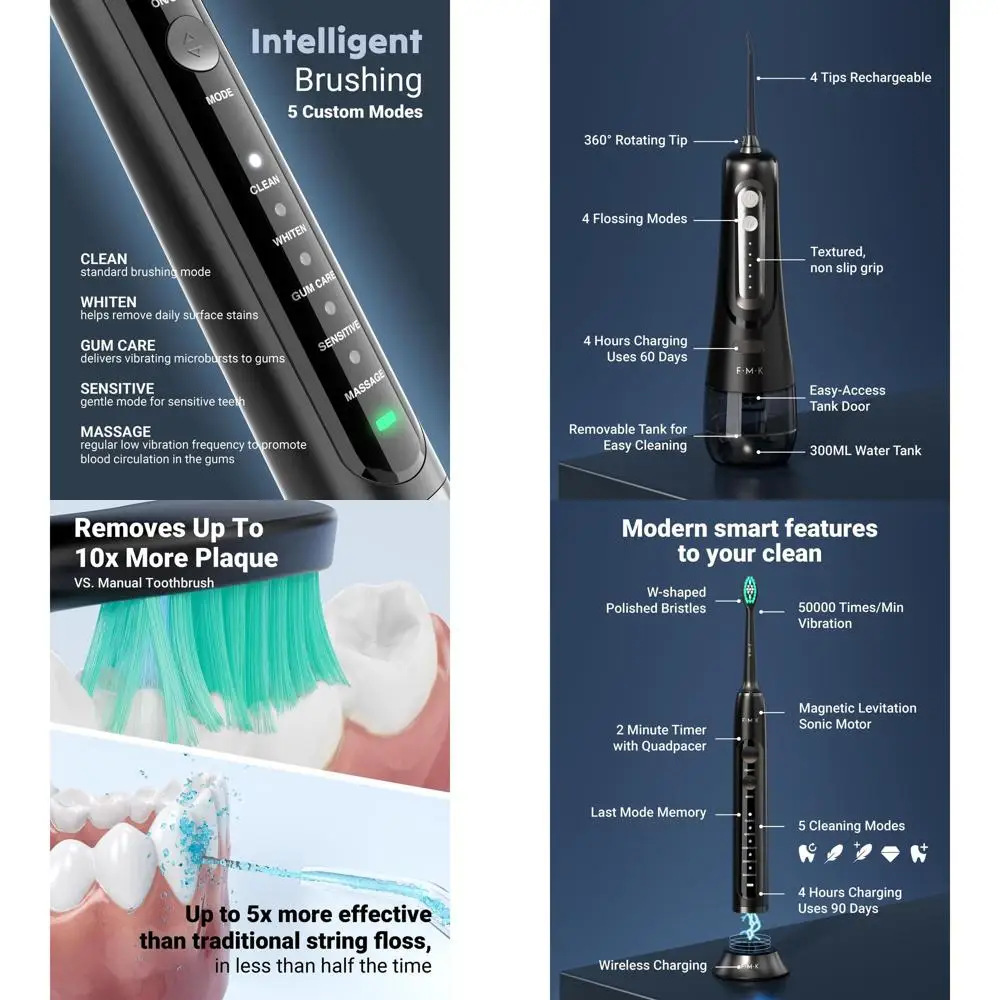 

Набор для двойного ухода за полостью рта для взрослых: ирригатор и звуковая электрическая зубная щетка, черный цвет