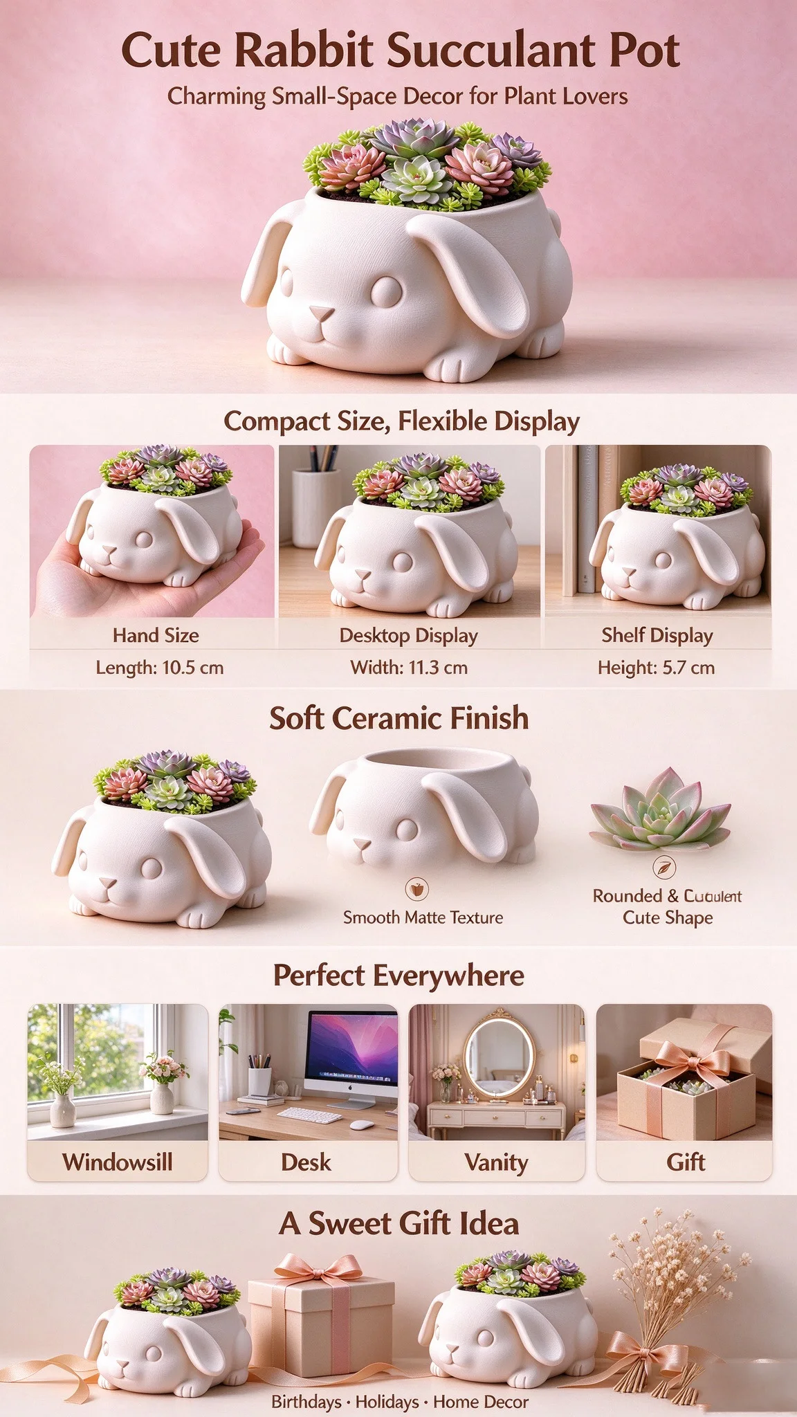 3D Printed Tabletop Cactus Planter Flower Pot Cute Rabbit Shape Succulent Planter Mini Bunny Plant Pot for Desk Bookshelf Decor