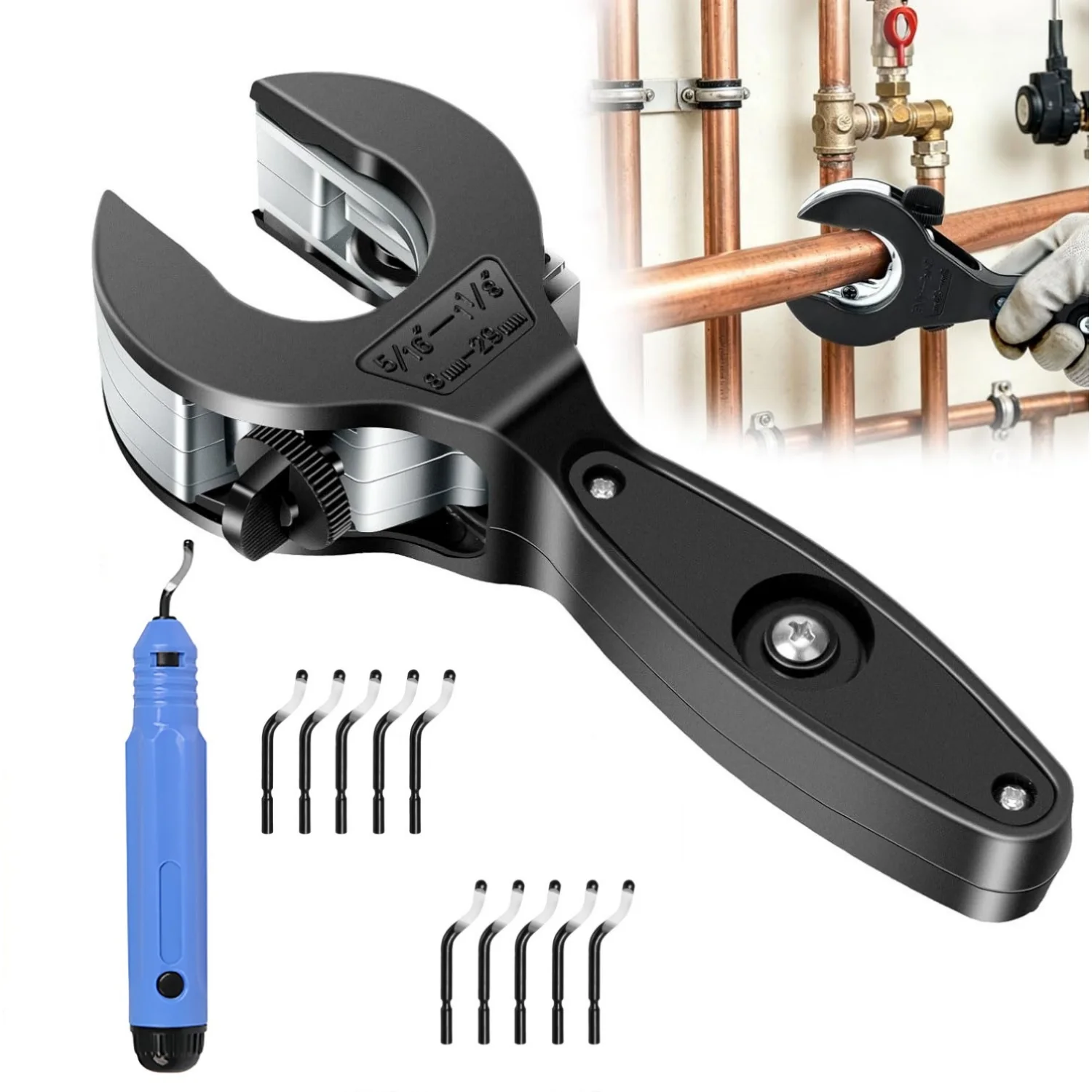 

Ratcheting Pipe Cutter Tool for Tight Space with Deburring Tool NB1000 Pipe Tube Cutters Ratchet for Aluminum Brass PVC CPVC PEX