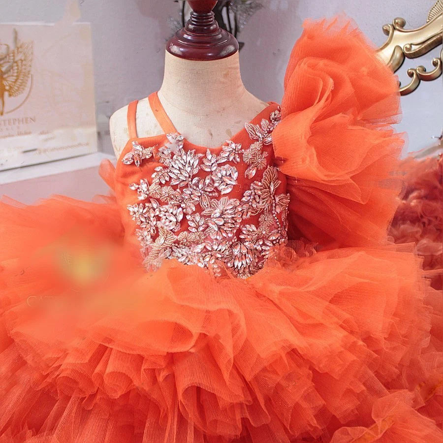 Orange Little Girl Dress Crystals Ruffle Fluffy Girl Gowns for Wedding Cute Tutu Communion Birthday Gowns