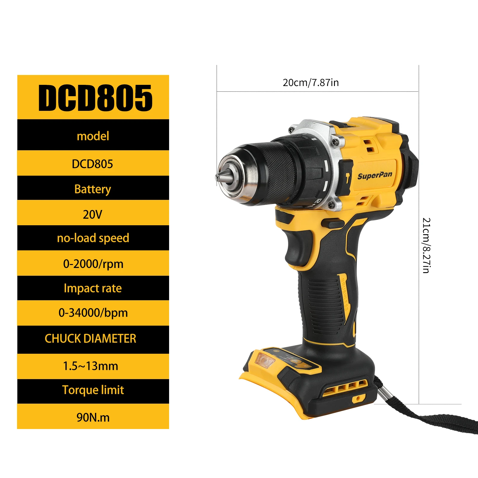 

20V Brushless Cordless Electric Screwdriver Rechargeable Drill Compact Hand Drill Impact Drill DCD805 for dewalt 20V battery pin
