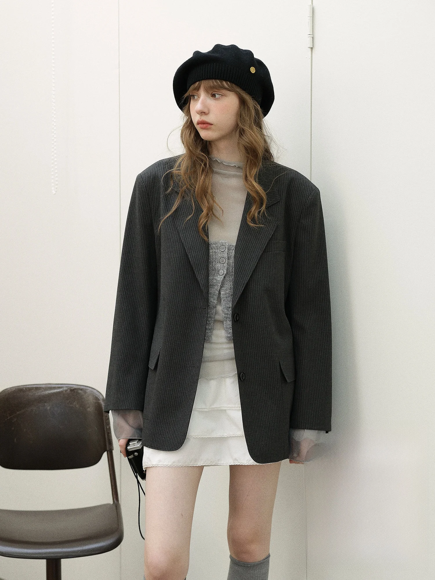 

Enroute Sweet Cool Sleeve Detachable Mesh Striped Simple Commute Formal Women's Suit Jacket Loose Fit Full Breathable