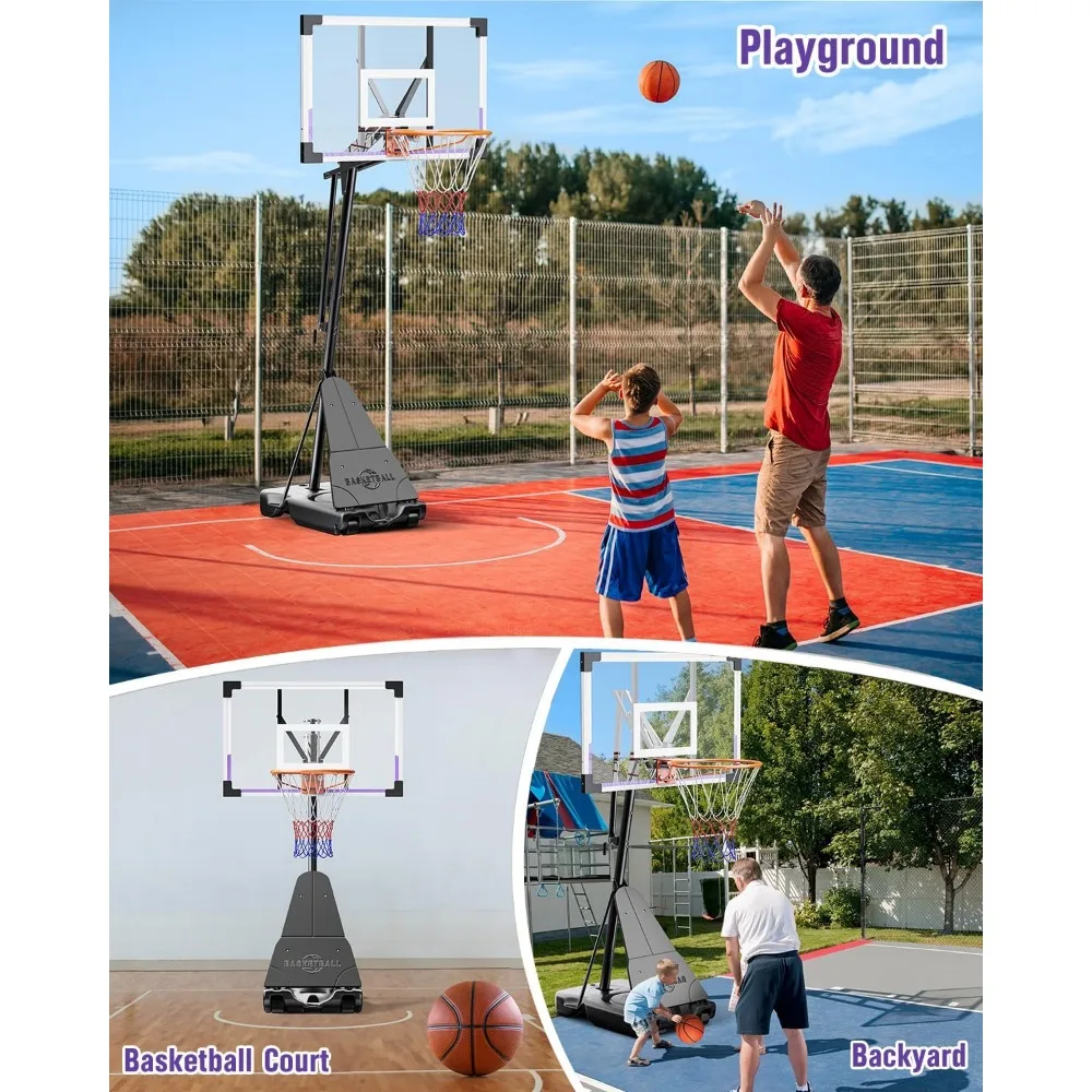 Баскетбольное кольцо для улицы с регулируемой высотой и небьющейся пластиной ПК, портативное, 44/48 дюймов, диапазон высоты 5,25–10 футов, идеально подходит для