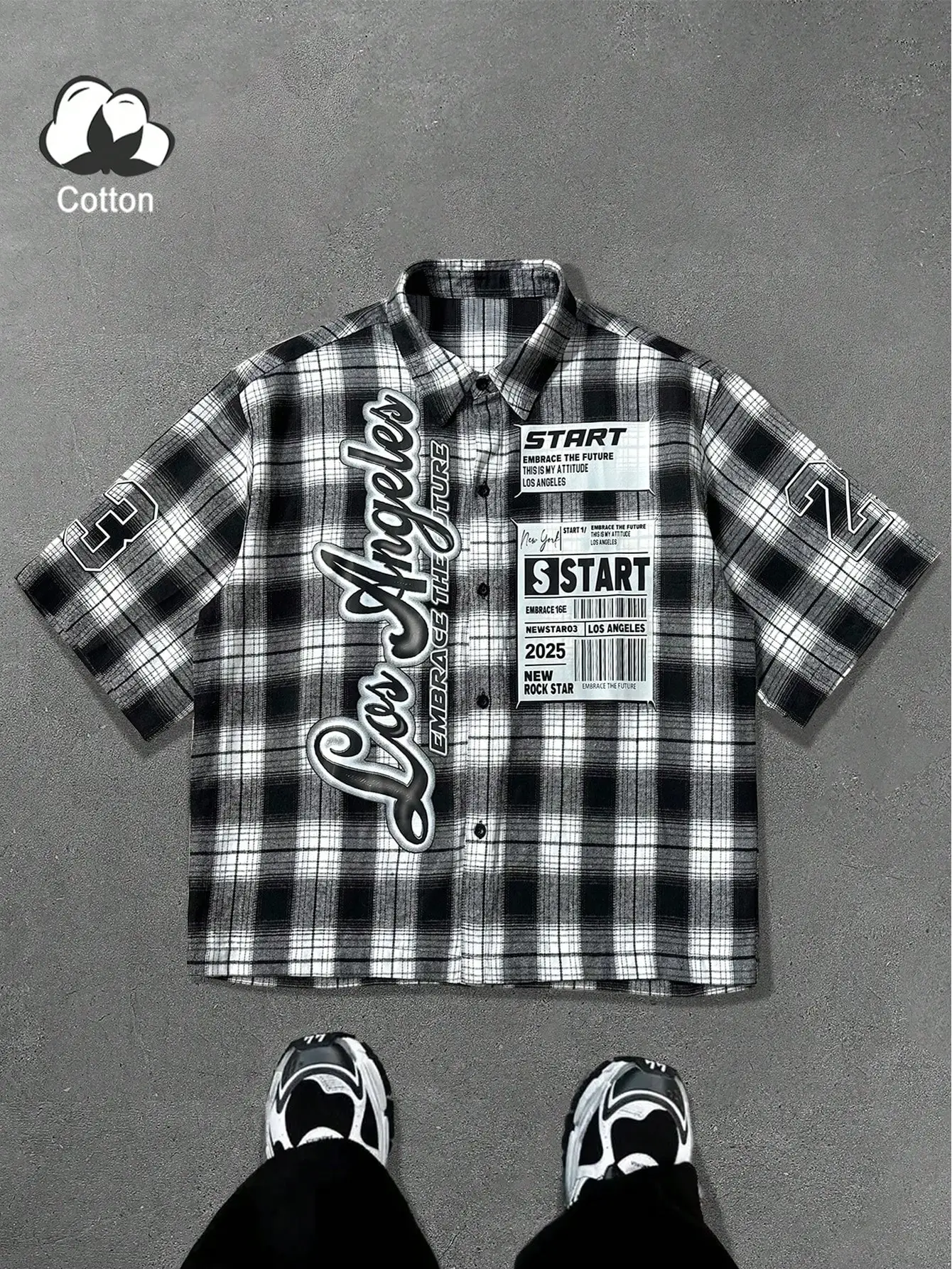 

Black & White Yarn-Dyed Plaid Short Sleeve Button Down Shirt, Oversized Relaxed Fit, Textured Graphic Print