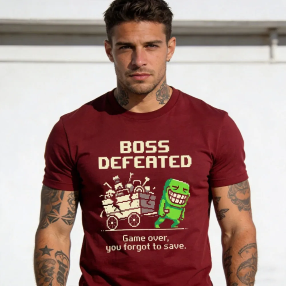 Boss Defeated Funny Pixel Game Over You Forgot To Save Retro Gaming Humor Casual Cotton Short Sleeve Crew Neck Graphic T-Shirt