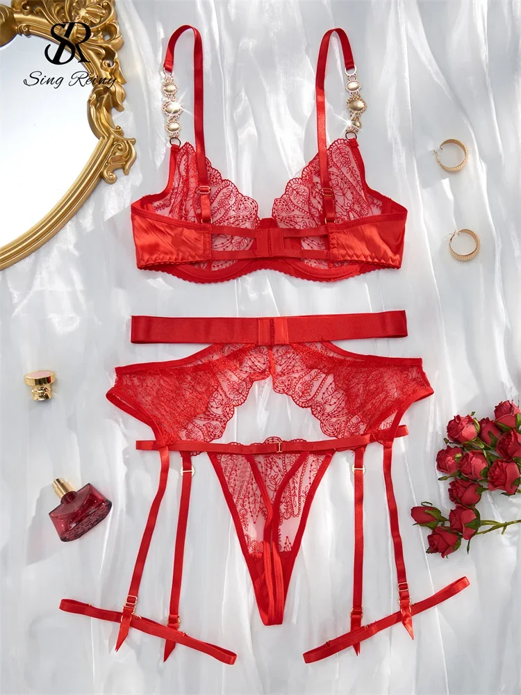 SINGREINY أنثى شير سلسلة المثيرة حمالة صدر وموجز مجموعات شفافة التطريز نادي الملابس الداخلية السيدات الجوف خارج مثير الملابس الداخلية الدعاوى