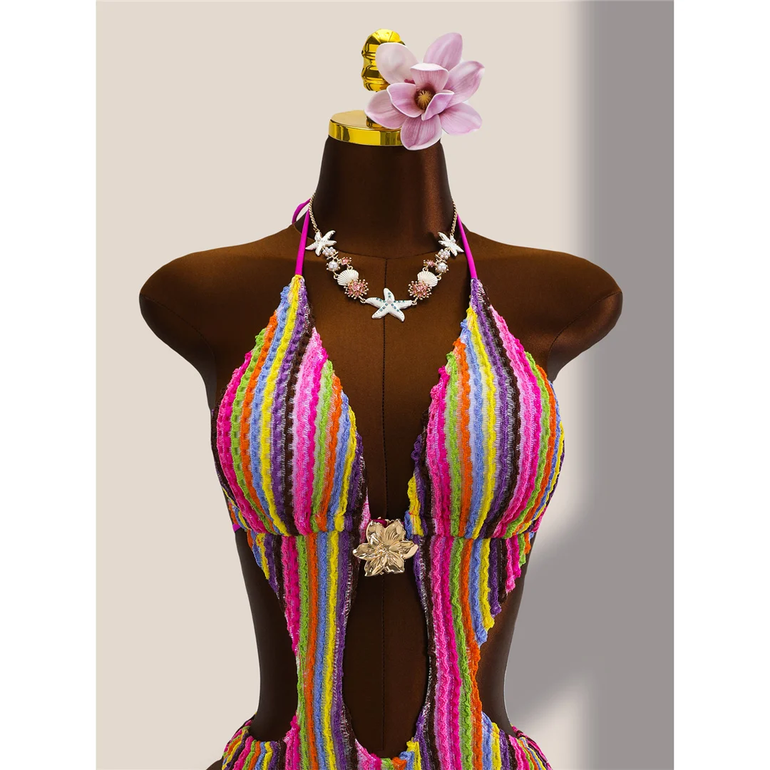 Gestreifter, farbenfroher, ausgeschnittener, einteiliger Badeanzug mit Neckholder für Damen, Monokini mit hohem Beinausschnitt, Badebekleidung, Badeanzug, Schwimmanzug V8304 – Detail 7