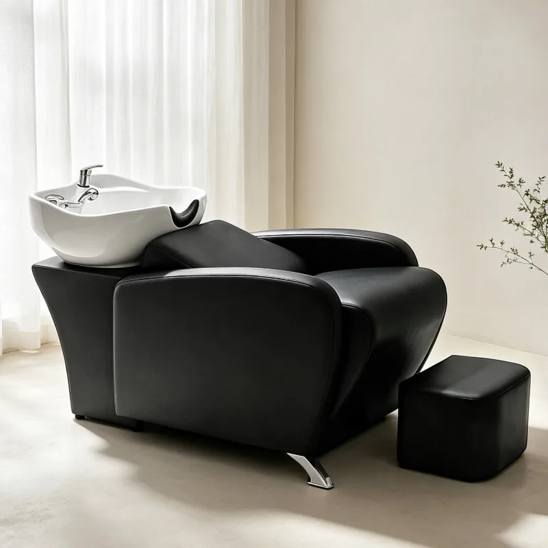 High-end Ceramic Basin Hair Washing Bed Wood Frame Adjustable Footrest for Salon Barber Shop Simplicity Design Half-lying Style