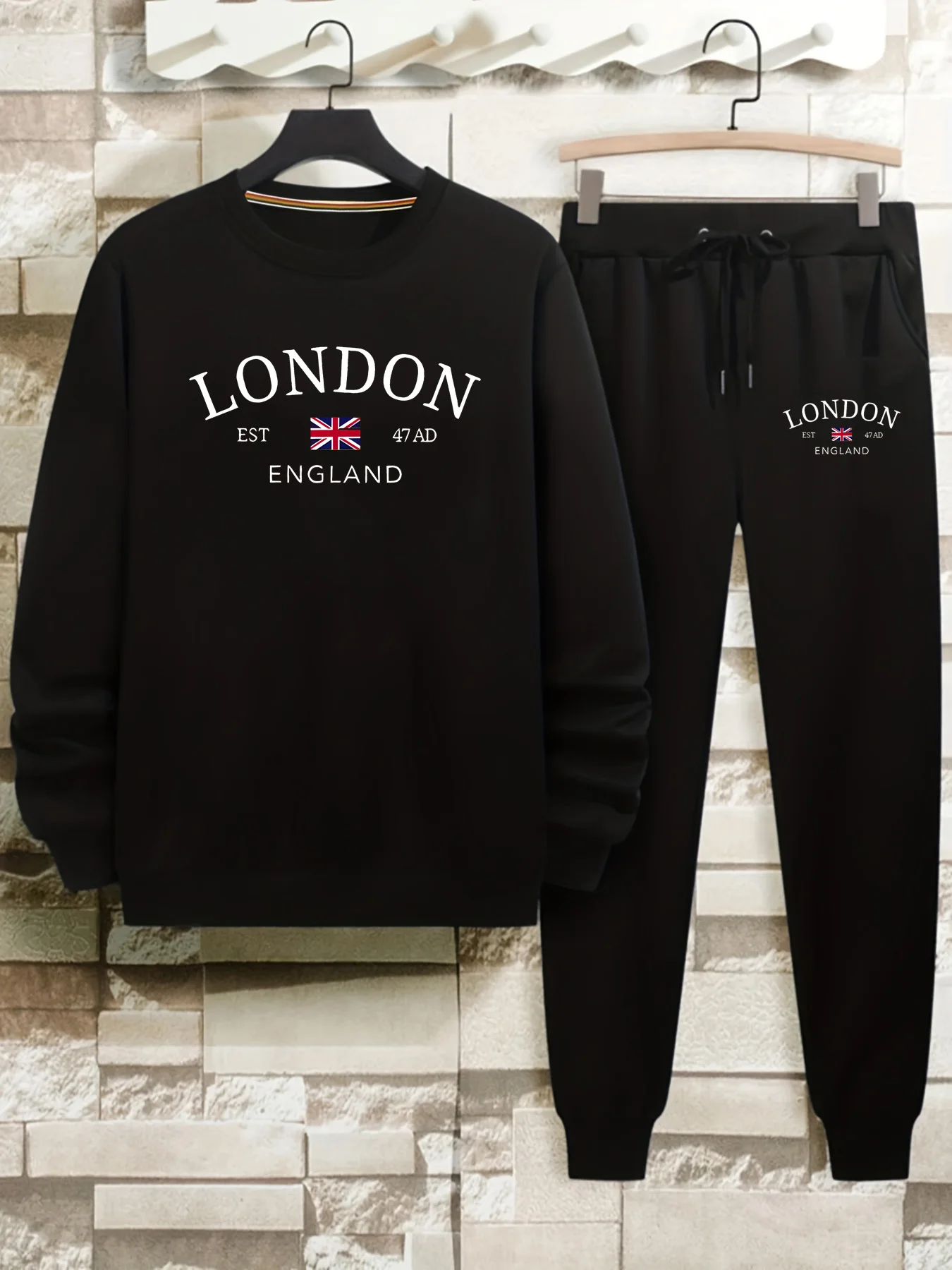 

Men's autumn and winter casual warm London England pattern print loose and thick velvet round neck sweatshirt+sports pants set