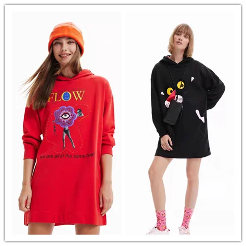 

Foreign trade original single Spanish new printed embroidery hooded loose casual wool circle hoodie dress