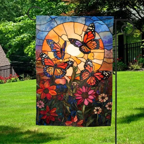 Stained Glass Butterfly Garden Banner Outdoor Yard House Welcome Flag AAV hhz