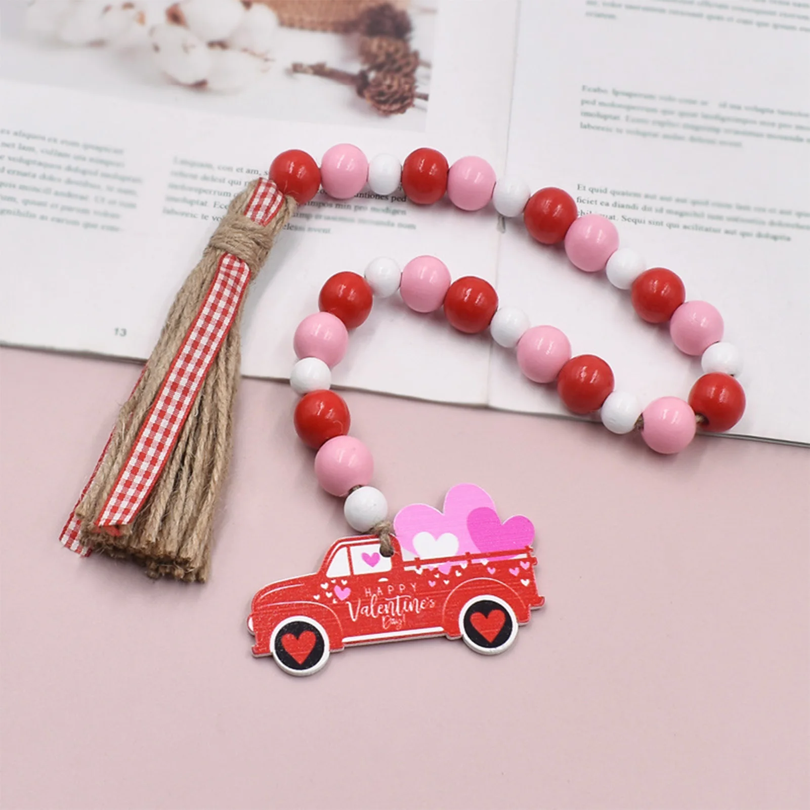 Valentines Day Wooden Beads Garlands with Tassel Hanging Ornaments for Wife Husband Valentine Gift