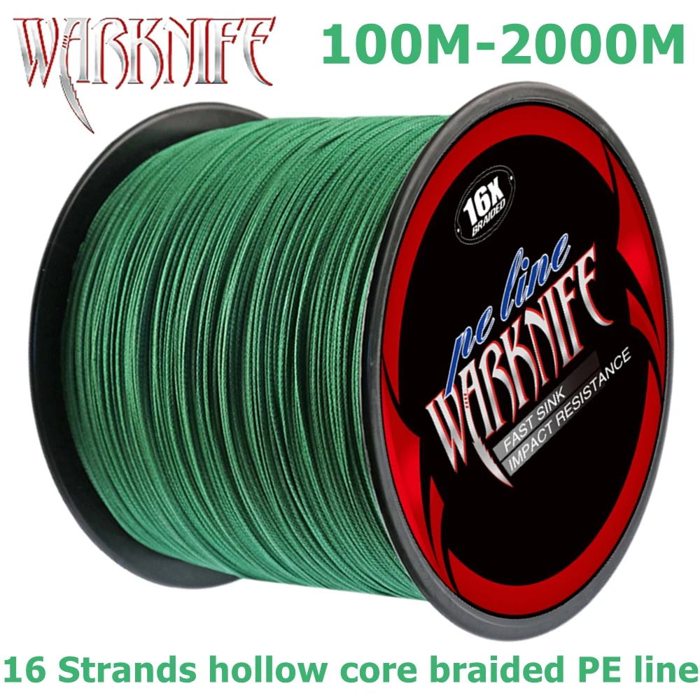 Warknife 16 Strands 100M - 2000M Hollow Core PE Braid Extreme Japan Braided PE Line 20LBs-500LBs Fishing Assist Line Moss Green