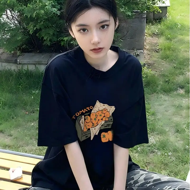 

Женская футболка с мультяшным принтом Y2k в стиле ретро, черно-белый хлопковый топ с короткими рукавами, милая летняя футболка в корейском стиле, повседневная уличная одежда