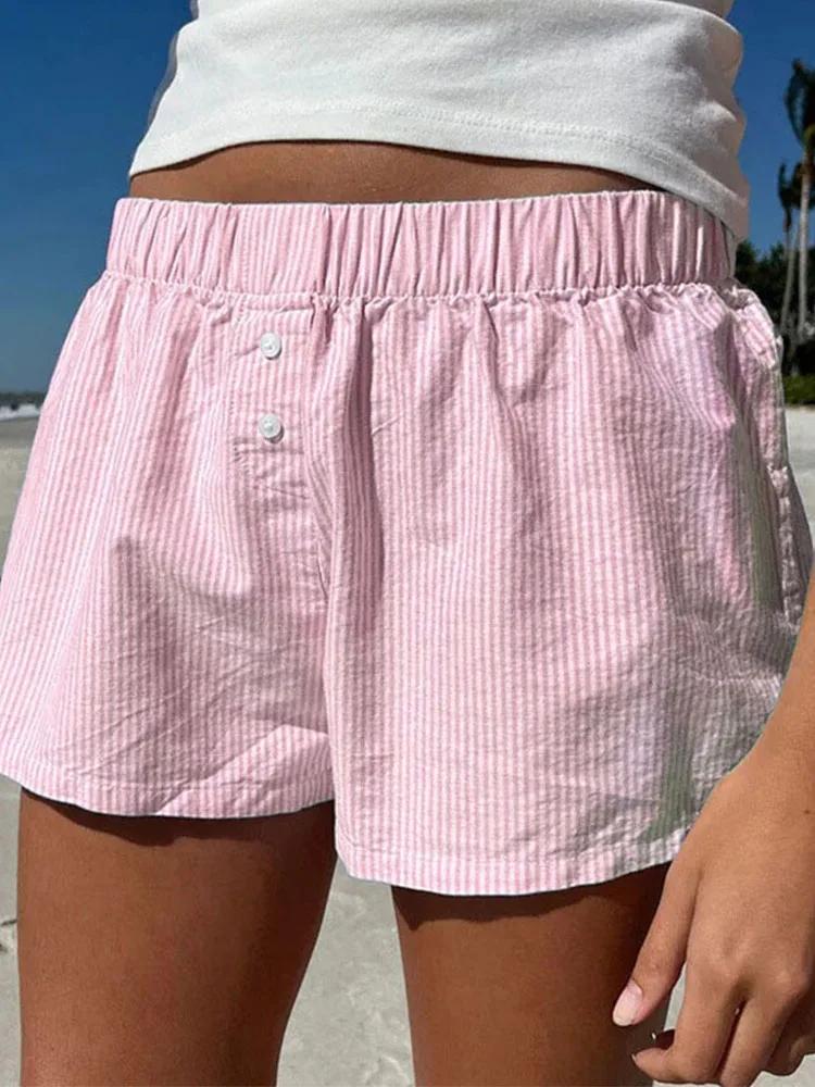 ZOCI 2026 New Striped Print Casual Shorts for Women Elastic Waist Fashion Button Bottoms Streetwear Chic Basic Y2K Loose Shorts