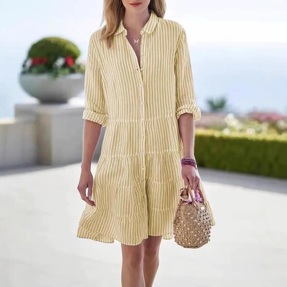 

BluWin Fashion Striped Print Midi Shirt Dress Women 2025 Fall Long Sleeve Party Dresses Elegant Vestidos Shirts