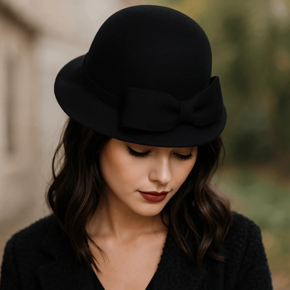 Fashion Solid Color Bow Topper Hat Keep Warm French Style Women Fisherman Hat Black Flat-top Woolen Bucket Hat Lady