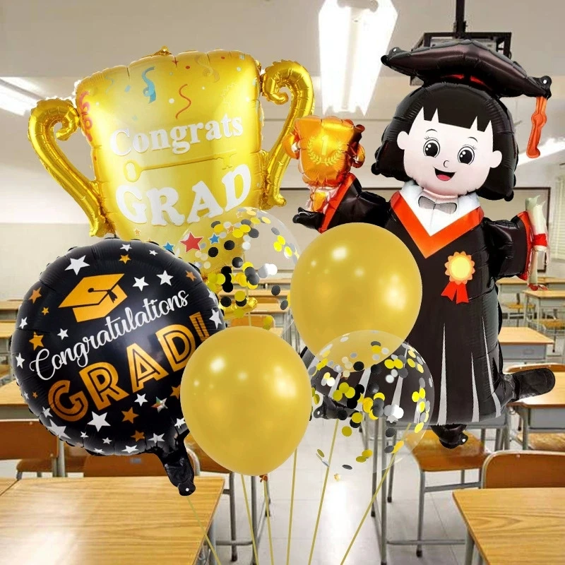 1 Set Abschlussfeier Doktoranden-Trophäen-förmiger Aluminiumfolienballon – Glückwunsch-Abschlussfeier-Dekoration, Latex-Globos-Zubehör