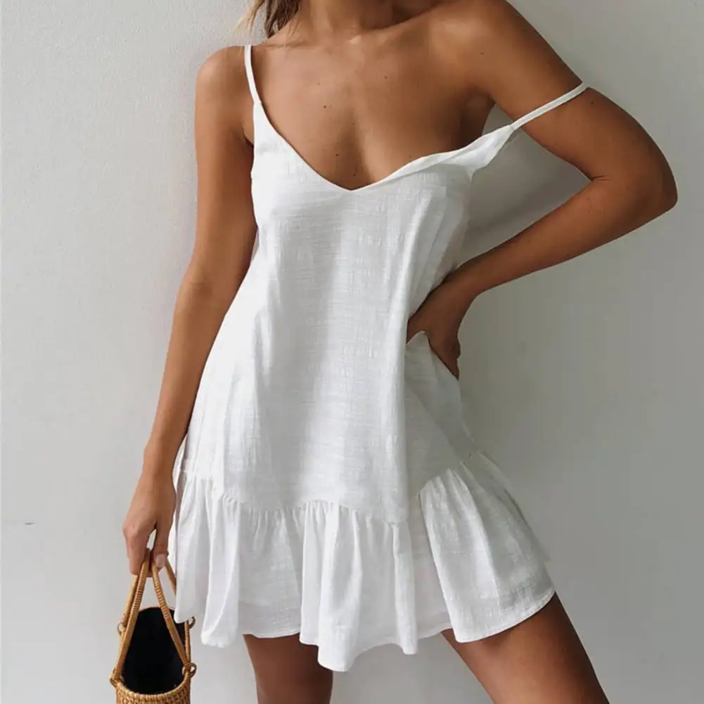 Spaghetti Strap Dresses Off Shoulder Women Summer Dress 2023 White Shift Dress Ruffle Sexy Sundress Mini Cotton Linen Vestidos