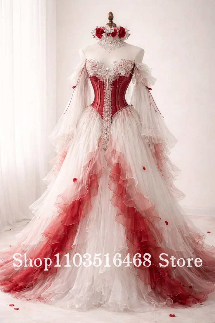 Glamorous Off Shoulder Red-and-White Gothic Wedding Dress Vintage Victorian Bridal Gown Lace 3D Rose Corset Customized Prom Dres