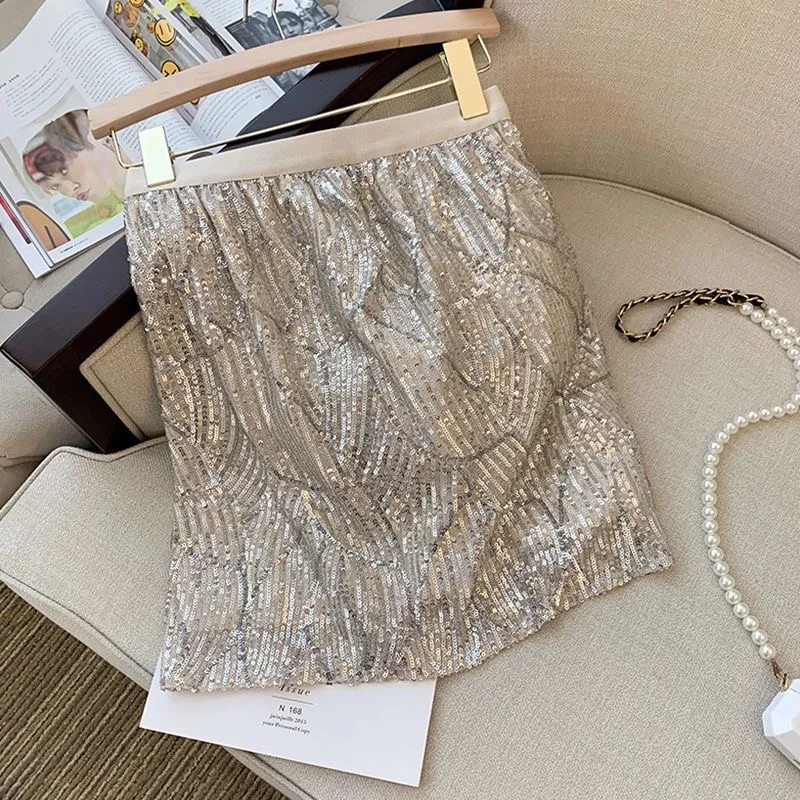 

Elegant Fashion Harajuku Slim Fit Female Clothes Loose Casual All Match A-line Skirt High Waist Skirts Sequins Hip Wrap Skirt