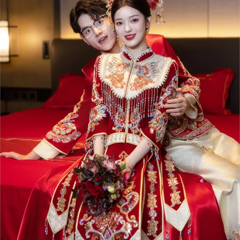 فستان زفاف على الطراز الصيني الجديد للزوجين من المخمل الثقيل #4