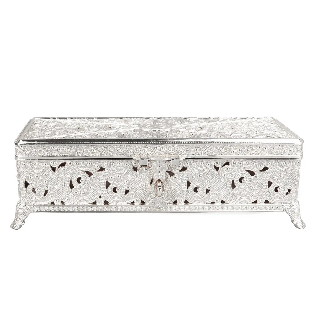 Soft Velvet Lining Metal Jewelry Box Silver Gold Trinket Storage Box Rectangle Vintage Trinket Box Earrings Rings Storage