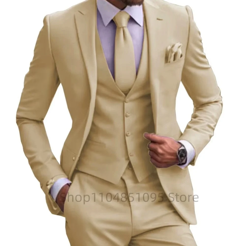 

Men's Suit Solid Wedding Tuxedo Slim Fit Business 3-Piece Suits Full Set Banquet Groom Suits Peak Lapel Blazer Vest Pants