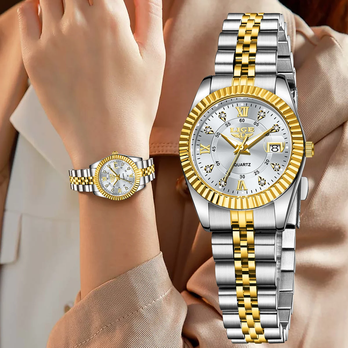

LIGE New Elegant Women Watch Fashion Calendar Diamond Quartz Wristwatches Luxury Stainless Steel Watches for Woman Reloj Mujer
